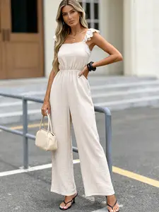A women's camisole square-neck short puffy-sleeved elastic waist high-waisted wide-leg jumpsuit, suitable for summer suitable for home, daily attendance and other occasions, High Waisted Jumpsuits