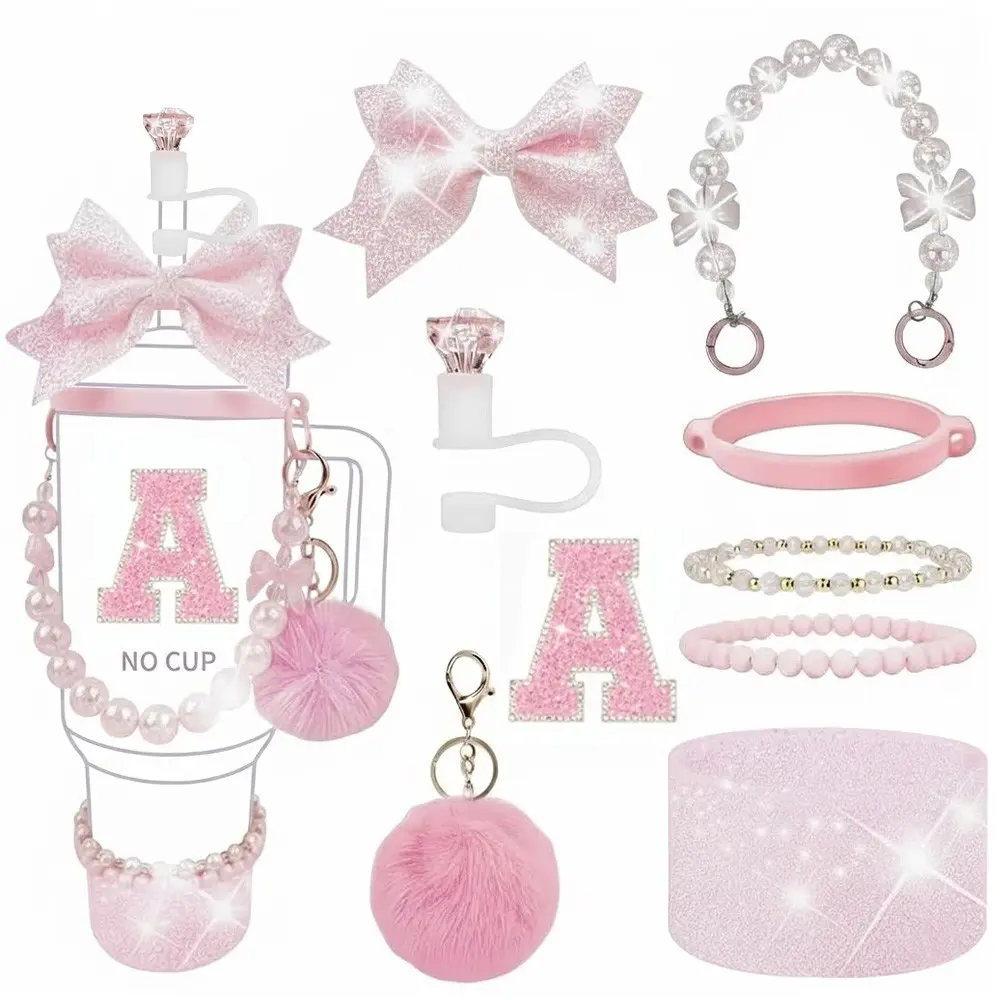9pcs Sparkly 40oz Silicone Tumbler Accessories Set, Drinkware, Drinking Gadgets, Includes Bow Decor, Rhinestone Initial Letter Sticker, Bead Chain Decor, Straw Toppers, Perfect Gift for Women