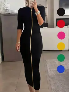 Women's Two-In-One Zipper Elegant Fit Bodycon Midi Dress, Three-Quarter Sleeve Boat Neck, Elastic Knit, Spring Summer Fall Daily Wear