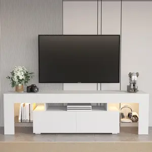 Modern LED TV Stand with 1 Drawer, Open Shelving, 20-Color LED Lights & Remote Control, Sturdy White Entertainment Console Table, Up to 70-Inch TV Storage for Living Room Decor, Entertainment Tv Stand