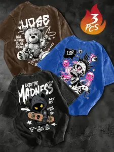 Men's Summer Vintage Street Graffiti Print Streetwear T-Shirt Set, Heavy Cotton, Breathable, Quick-Dry, Loose Fit, All Seasons