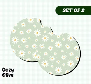Green Floral Daisies Car Coasters (Set of 2)