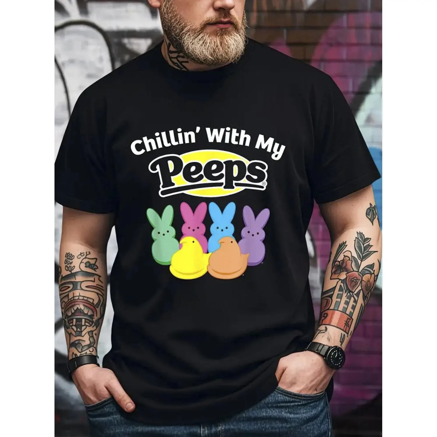 Mens Easter Rabbit Pattern T Shirt Made of 100 Percent Cotton Casual Round Neck Short Sleeve Cool Design with Friends Black with Colorful Rabbit Ears