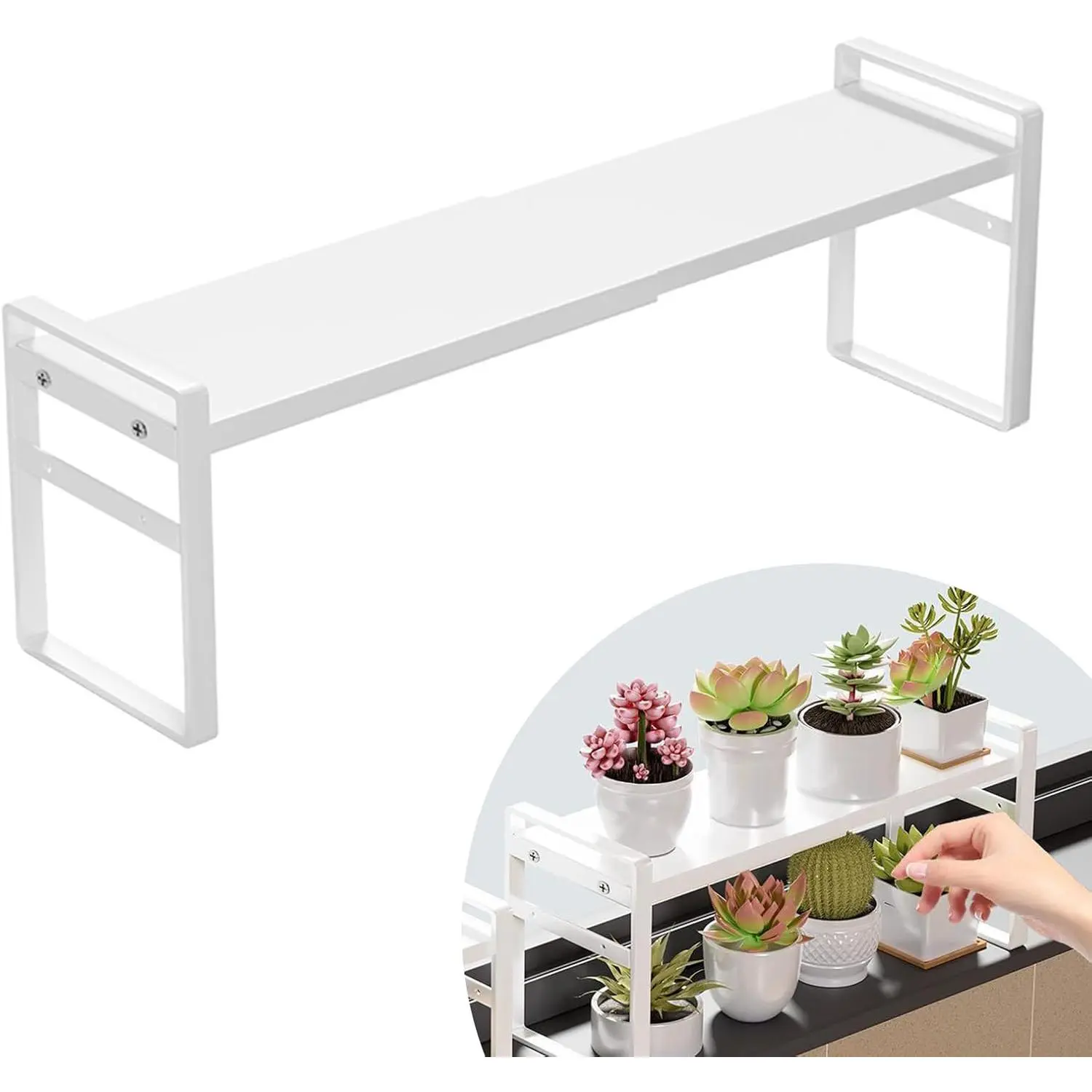 Retractable Over The Sink Shelf - Carbon Steel Window Sill Plant Shelves, Kitchen Counter Shelf for Plants & Storage Organization Accessories (White)