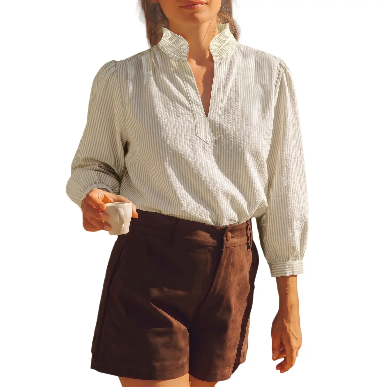 EVALESS Women's Striped Ruffle Stand Collar Blouse, Loose Fit 3/4 Puff Sleeve Half Placket Woven Shirt