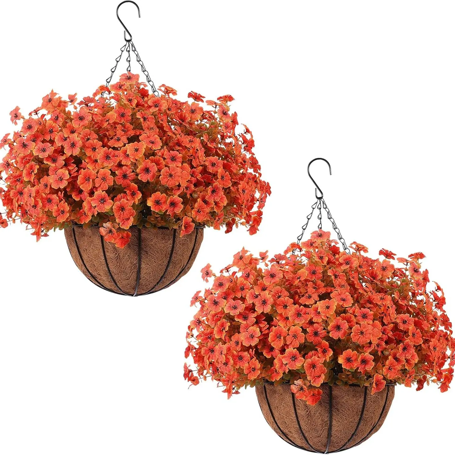 2 sets of artificial outdoor plastic flowers with hanging baskets. Each set contains 2 orange chrysanthemums in hanging baskets. Ideal for decorating autumn porches, gardens, and home patios (2 sets, orange).