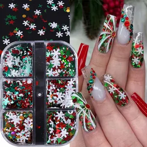 6 Grids Christmas Sequin Nail Art Decorations, 3D Snowflakes Star Heart Xmas Flake Design, DIY Winter Manicure Accessories for Women & Girls
