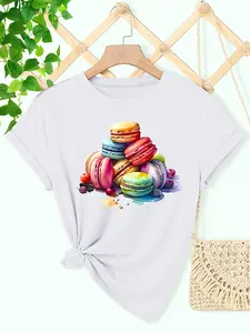 Macaron Dessert Print Fresh Style Women'S Top Summer Round Neck Short Sleeve Sports Casual T-Shirt Black S-XXL