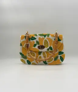 Hand Beaded Lemon Purse Handbag with Bamboo Handle