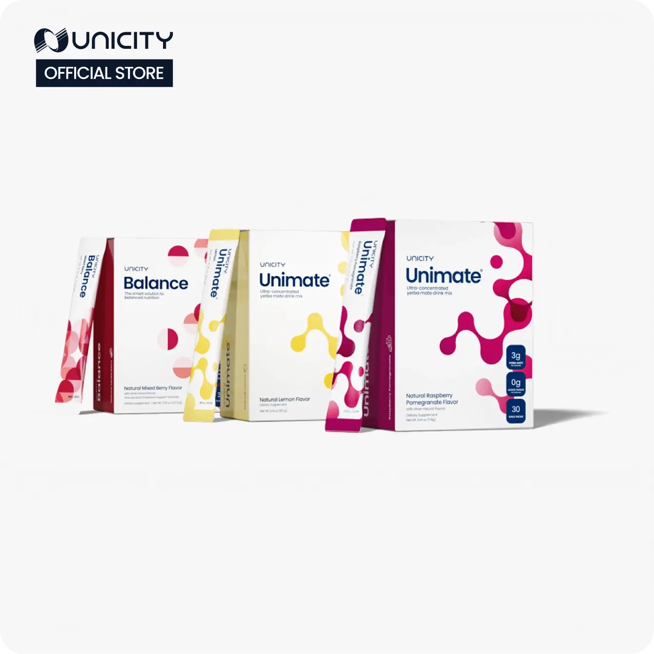 Unicity Feel Great - Lemon Unimate (1) - Raspberry Pomegranate Unimate (1) - Mixed Berry (1) - 30-day supply Unicity Feel Great - Lemon Unimate (1) - Raspberry Pomegranate Unimate (1) - Mixed Berry (1) - 30-day supply