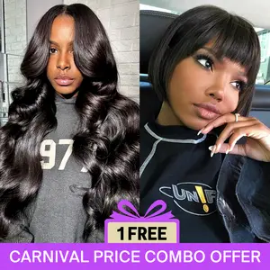 [Comb Sale] Megalook 30inch Natural Black Body Wave 5x6 Glueless Transparent Lace Wigs Plus 6‘’ Natural Black Short Cut Machine Made Wig With Bang #TikTokShopBlackFriday