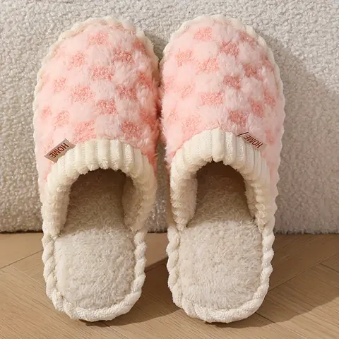 Women's Plaid Design Slippers - Checked, Soft Cotton, Memory Foam, Plush Round-Toe Fit, Ankle-Covering, Non-Slip PVC Sole, Quiet Fuzzy, Easy-Wear Slide, Durable Winter Indoor Shoes