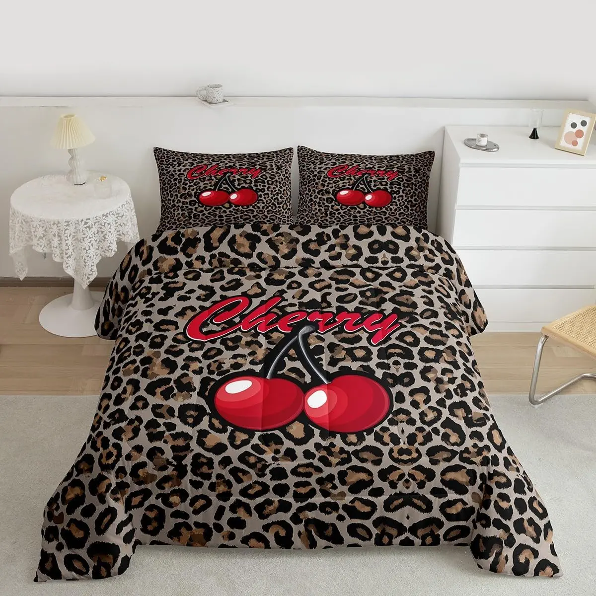 Cherry Leopard Comforter Set,African Cheetah Print Bedding Set,Oil Painting Cherry Duvet Insert,Farmhouse Bed Set for All Season