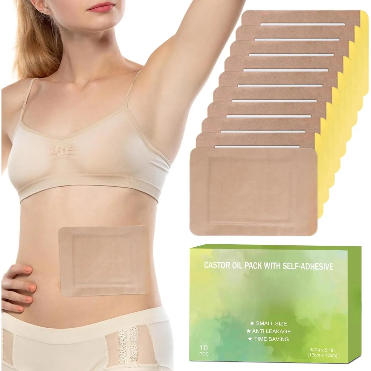 10pcs Castor Oil Pack Wrap, Organic Castor Oil Pack Self-Adhesive, No Leakage, No Wash, Portable (Oil Not Included) (1 Count (Pack of 10)) organic cotton easy Fragrance Scent Body Care Unscented