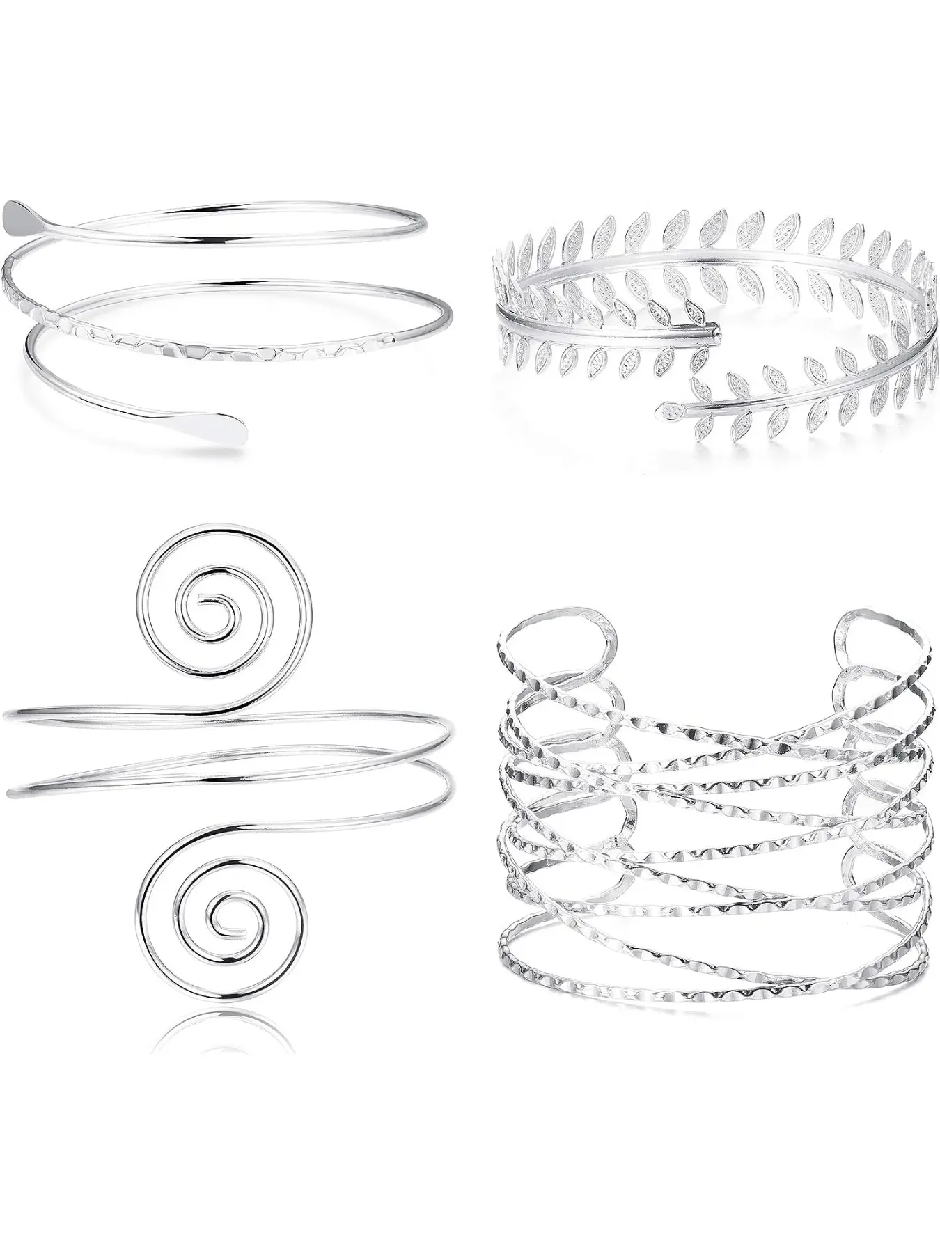 4Pcs Upper Arm Cuff Bracelet Coil Open Arm Bracelet for Women Girls Adjustable Victorian Filigree Swirl Leaf Boho Armband, Boho Style Bracelet, Smooth Open Bangle Armlet Wrist Wrap Bracelets Silver Gold Stackable Set