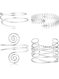 4Pcs Upper Arm Cuff Bracelet Coil Open Arm Bracelet for Women Girls Adjustable Victorian Filigree Swirl Leaf Boho Armband Smooth Open Bangle, Fashionable Bangle, Armlet Wrist Wrap Bracelets Silver Gold Boho Style Jewelry