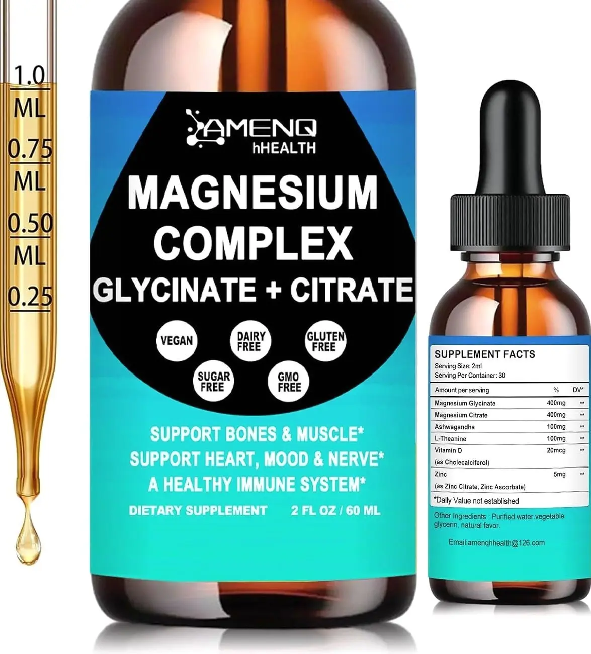 Magnesium Complex Supplement, Triple Calm Magnesium Glycinate & Citrate 400mg Drops, Fast Absorption Liquid Magnesium Plus Ashwagandha & L-Theanine for Relaxation Sleep Muscle & Nerve Health