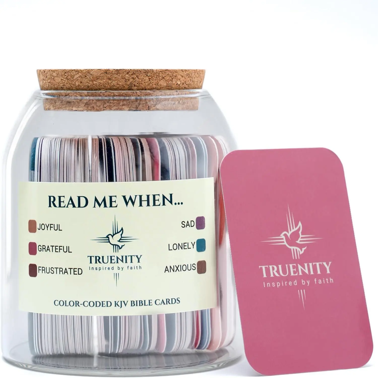 TruFINITY Read Me When Bible Verses Jar, 102 KJV Color-Coded Bible Verses in a Jar with Cork Lid & Large Text Cards for Emotions Plastic Jar Mason Jar Pitcher