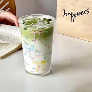 Transparent Glass Cup Set, Cute Bow Polka Dot Flip Top Milk Glass Cup, Coffee Mug, Breakfast Cup, Water Cup, Drinkware, 1/2pcs