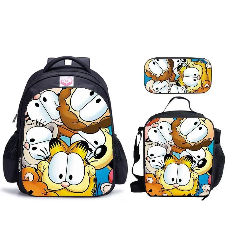3Pcs Cartoon Orange Cat Backpack Set, Cute Character Face Collage School Bag Kit, Large Capacity Backpack + Insulated Lunch Bag + Pencil Case, Wear Resistant Oxford Rucksack for Boys Girls
