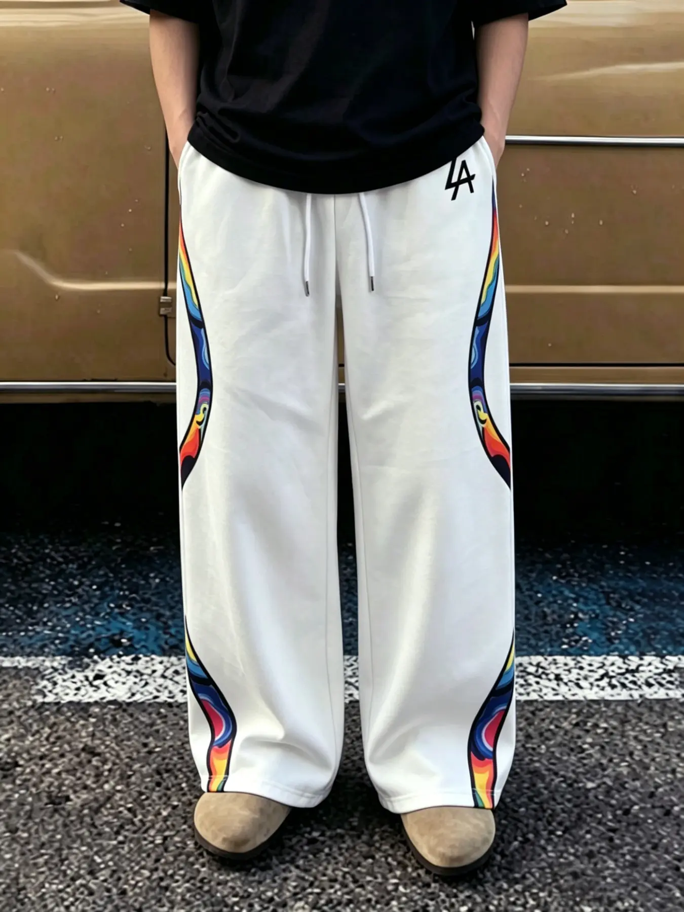 Men's Street Style La Logo Rainbow Wave Print Sweatpants, Summer Loose Fit Casual Long Pants, Trendy and Versatile Fashion