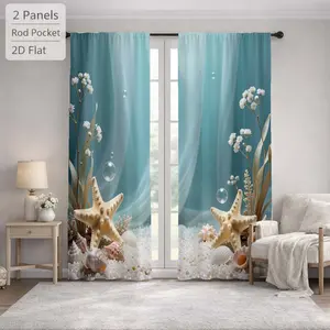 2Pcs Ocean Style Starfish Seashell Bubble Pattern Sun Blocking Curtains Digital Printed Rod Pocket, Window Treatment For Bedroom Office Kitchen Living Room Study Home Decor