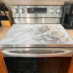 1pc stove cover, Stove plate, white peony flower design, embedded in marble background, white and sand colors, heat-resistant and scratch resistant, easy to clean, durable material, stove mat, suitable for any kitchen style, kitchen decoration