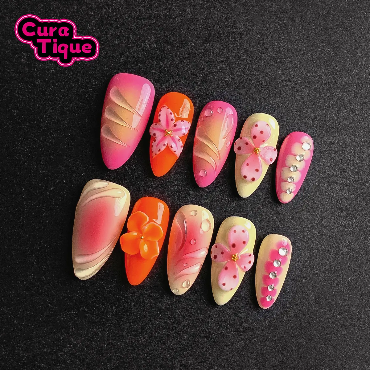 CuraTique | Petal Perfection 10PCS Handmade Press On Nails REUSABLE 3D Gel spring/summer 2025 / Prom