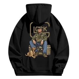 🏆47th President Trump Holding a Glock Sitting Next to a Hunting Dog Hoodie, Camo Hunting Season Crewneck Unisex Hoodie