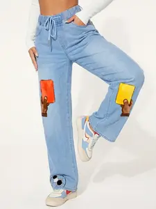 World Cup 2026 Soccer Red & Yellow Card Graphic Jeans, Trendy Blokecore Aesthetic Wide Leg Baggy Pants, Women's High Waisted Football Fan Gear, Funny Referee Style Loose Denim, Streetwear Gameday Outfit for USA Canada Mexico World Cup