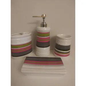Pea Green, Pink, Dark Gray  Piece Ceramic Bathroom Accessory Set