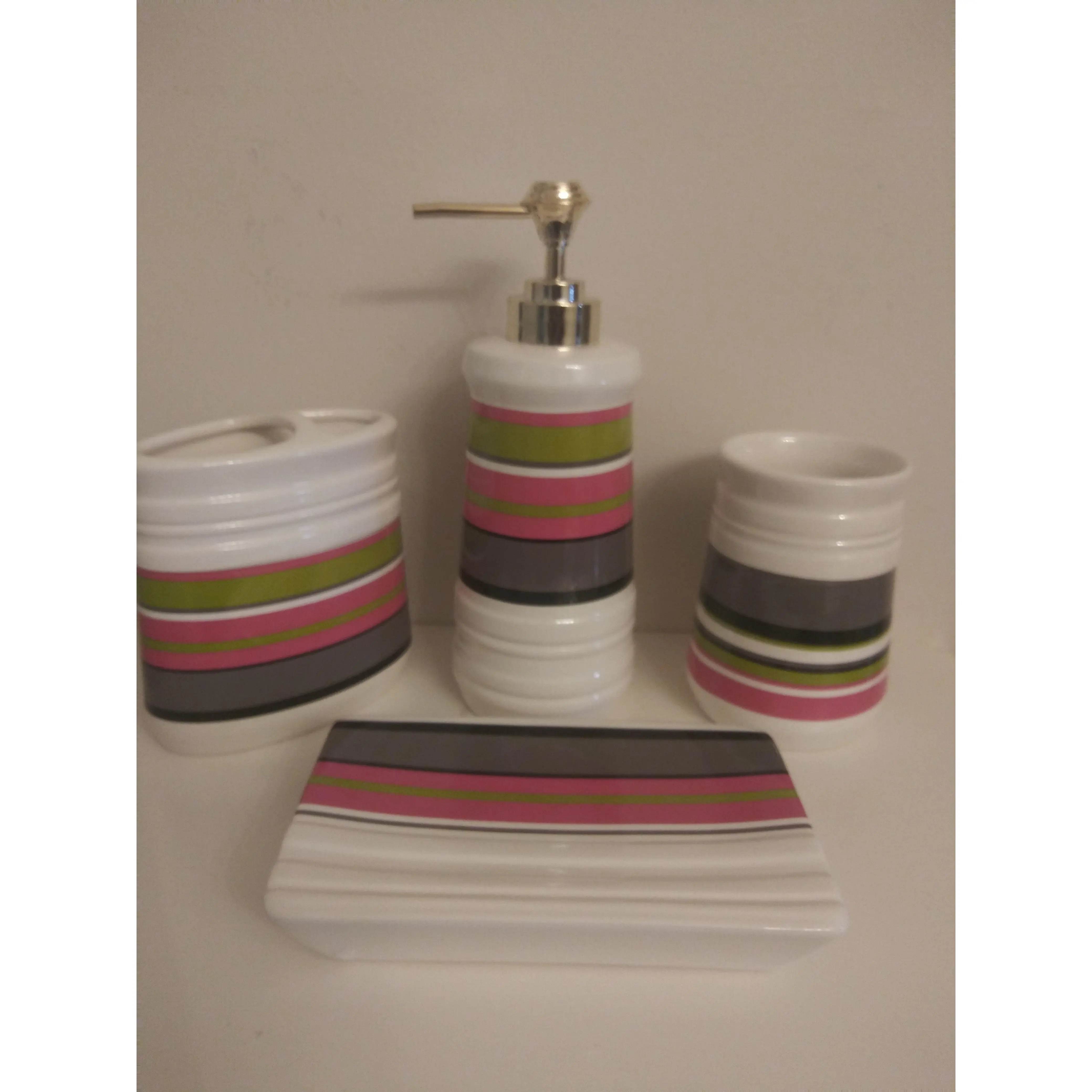 Watson Modern 4-Piece Ceramic Bathroom Accessories Set - Pea Green, Pink, Dark Gray Options for Home Bathroom Supplies