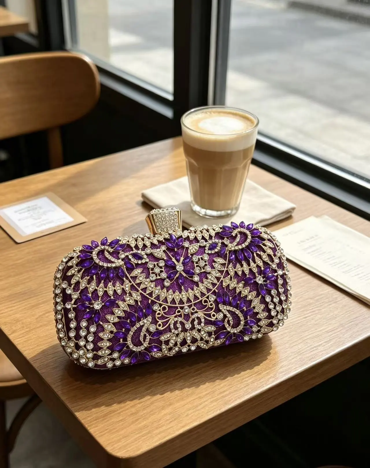 Purple Rhinestone Hard Shell Evening Clutch Bag