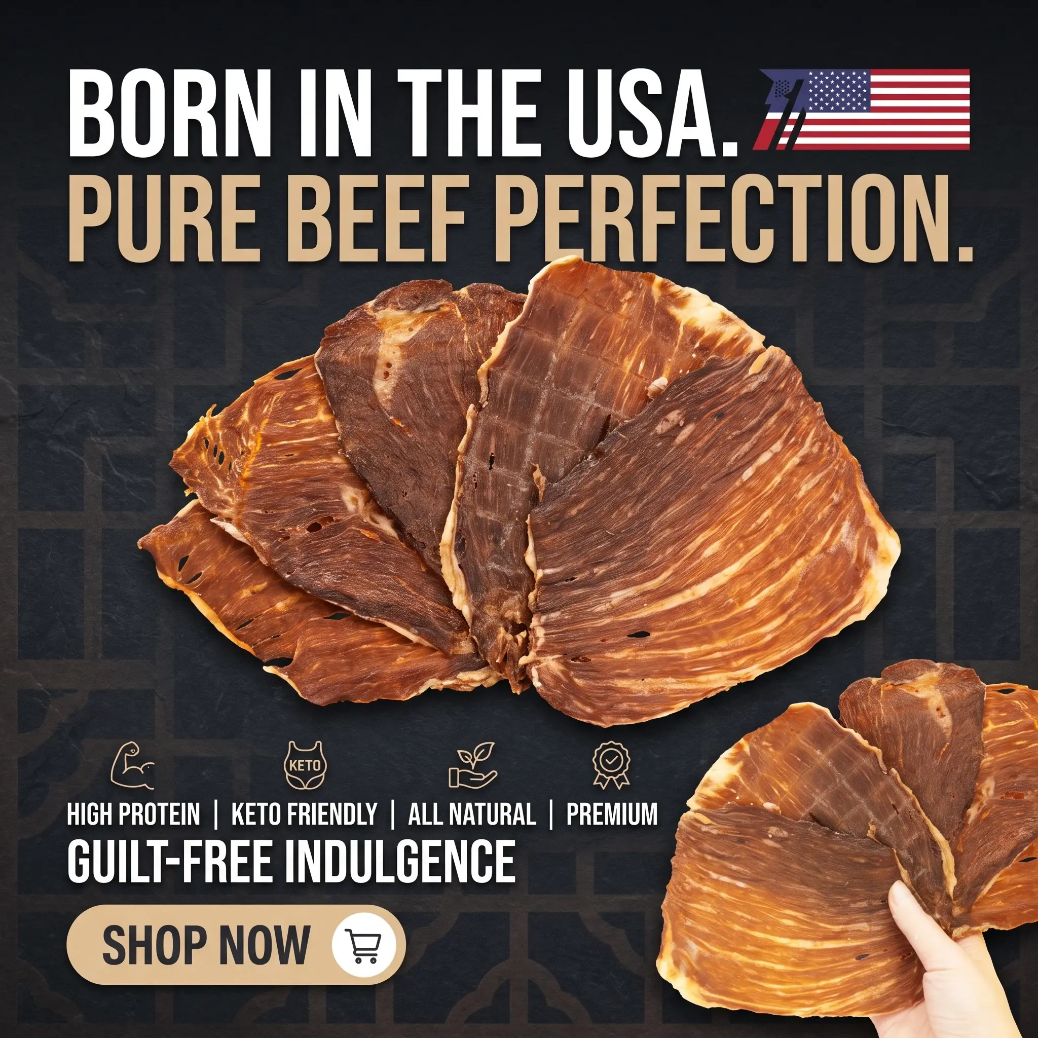 USA Premium Pure Beef Whole Muscle Thin Slice Jerky - High Protein, Low Carb, Keto-Friendly, All Natural, Gluten Free, Room Temp Air-Dried On-The-Go Snack