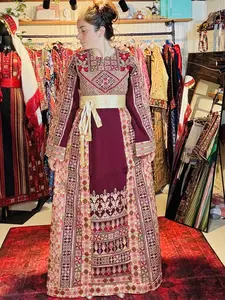 TALAJAZZY Burgundy Traditional Palestinian Fallahi Tatreez Thobe - Dress for Women - Henna & Special Occasion