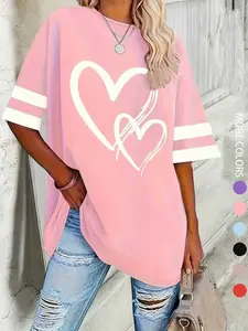 Women's Casual Round Neck Half Sleeve Heart T-Shirt, Comfortable Loose Fit Baseball Top, Perfect for Daily Wear, Fashion Versatile Ladies' Clothing