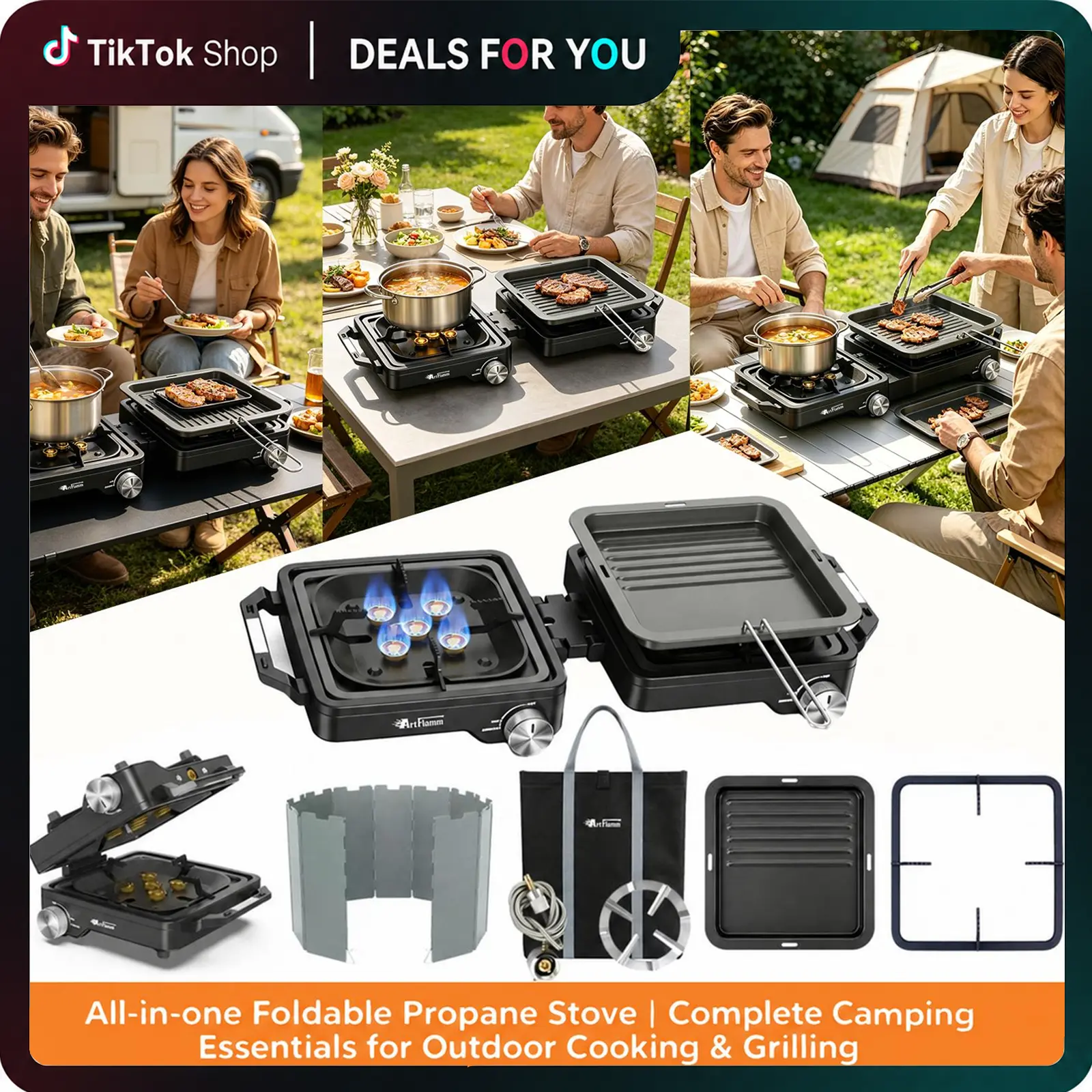 2 Burner Propane Camping Stove with Griddle – Portable Outdoor Cooker, Foldable with Carry Bag & Windscreen, Adjustable Heat, Piezo Ignition – Perfect for Tailgating, BBQ, Overlanding, Backyard.