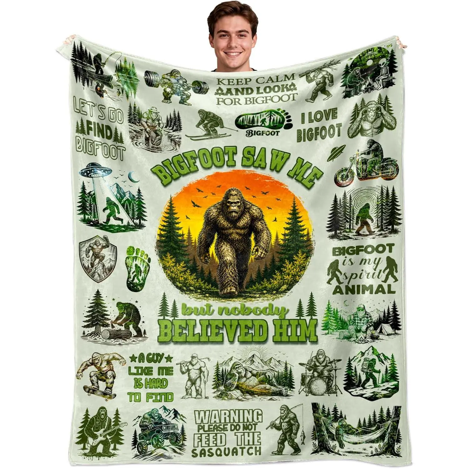 Bigfoot Sasquatch Printed Blanket, Green Bigfoot plus Dragon Opossum Horse Fish and Banana Designs, Soft Flannel for Cabin Lounges and Bedroom Comfort, Cryptid Fans, Woodland Humor, Movie Nights and Slow Weekend Relaxation