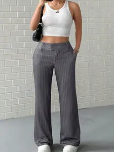Elegant Fine Striped High-Waisted Wide-Leg Pants, Drapey Commuter Casual Suit Long Trousers, Women's Fashionable Office Wear