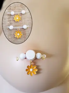 SUPER CUTE! Yellow Flower Barbell - Non Piercing Nipple Jewelry - Fake Nipple Ring - Adjustable - b-104