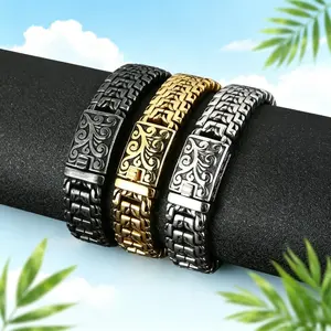 Vintage Carved Cuban Link 16mm Wide Bracelet for Men, Retro Engraved Stainless Steel Wrist Chain, Punk Rock Biker Jewelry Gift