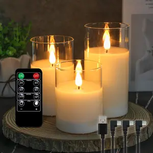 Rechargeable Flameless Candle, Flashing LED Pillar Real Wax Candle with Remote Control and Timer, Clear Glass  Candles for Room Decoration, 1 Set of 3