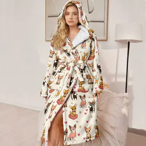 Plus Size Bathrobe with Hat, Luxury Plush Hooded Robe, Ultra Comfortable Dog Chihuahua Pattern, Belt and Pockets, Winter Gift