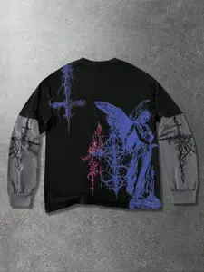 Unisex Gothic Style Long Sleeve T-Shirt with Rune and Cross Print, Ideal for Streetwear and Hip Hop Culture, Perfect Couple