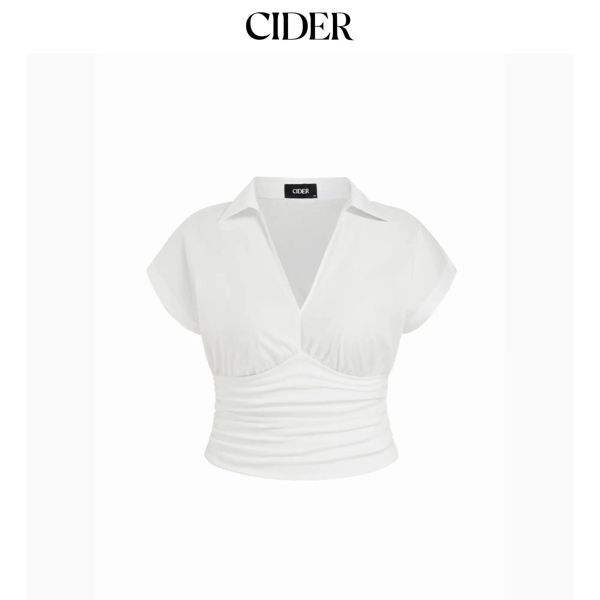 Cider Women's Cotton-Blend V-Neck Ruched Shortsleeve Blouse, Curve & Plus Size Casual Tops, Women's Clothes, Basic, Curve Fit
