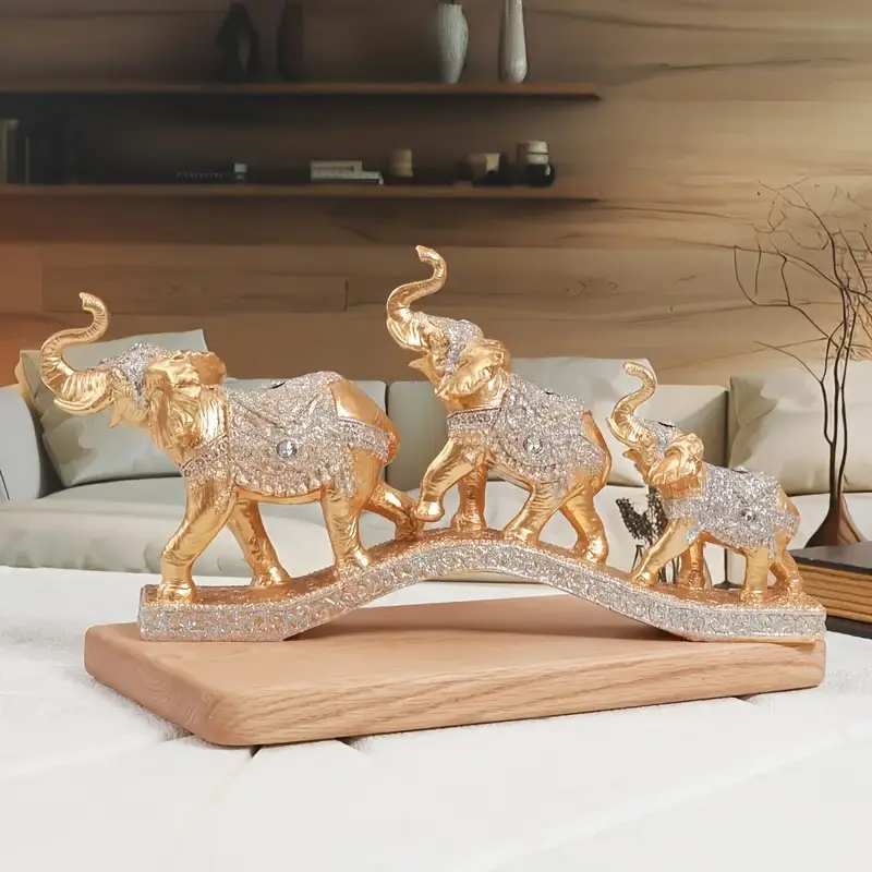 Golden Elephant Statue - Metallic Finish Animal Figurine with Elephant Motif, Decorative Ornament for Home/Office, Ornaments