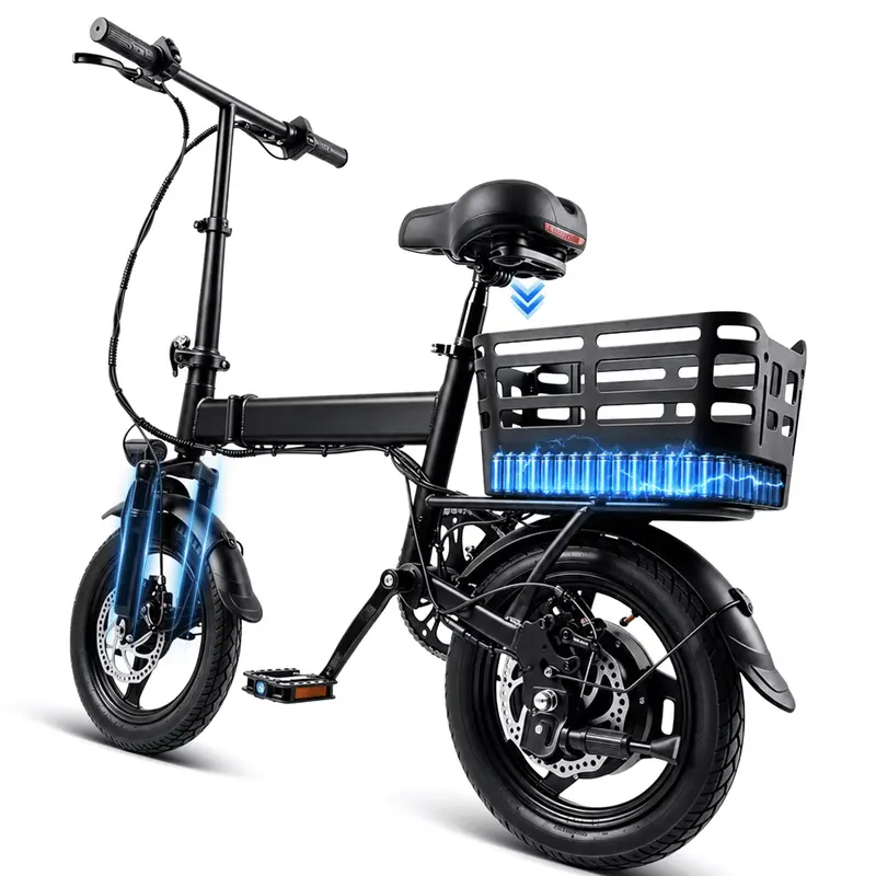 Adult 14-Inch Folding Commuter Bicycle (Ebike) - 500W Motor, 48V 12Ah Battery, 35+ mi Range, 20 MPH Top Speed, Adjustable Seat, Rear Basket, Built-In Horn, Headlight, 3 Modes + Pedal-Only, Practical for Urban Riding, 12-Month Coverage (Suitable for Teens)