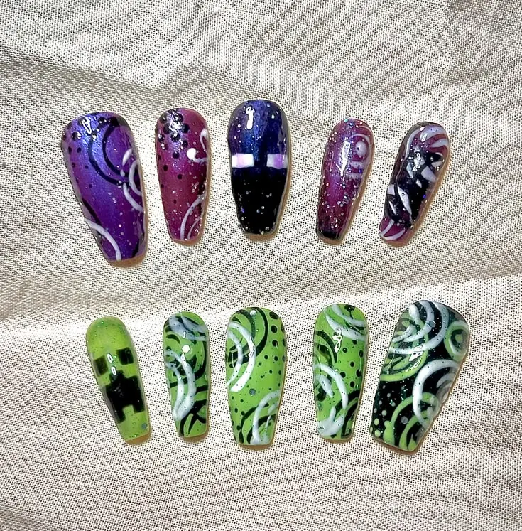 Minecraftem Creepered Press-On Nails  | Galactic 3D Enderman Coffin Nail Art | FREE Adhesive Tabs FREE Nail File FREE Cuticle Stick