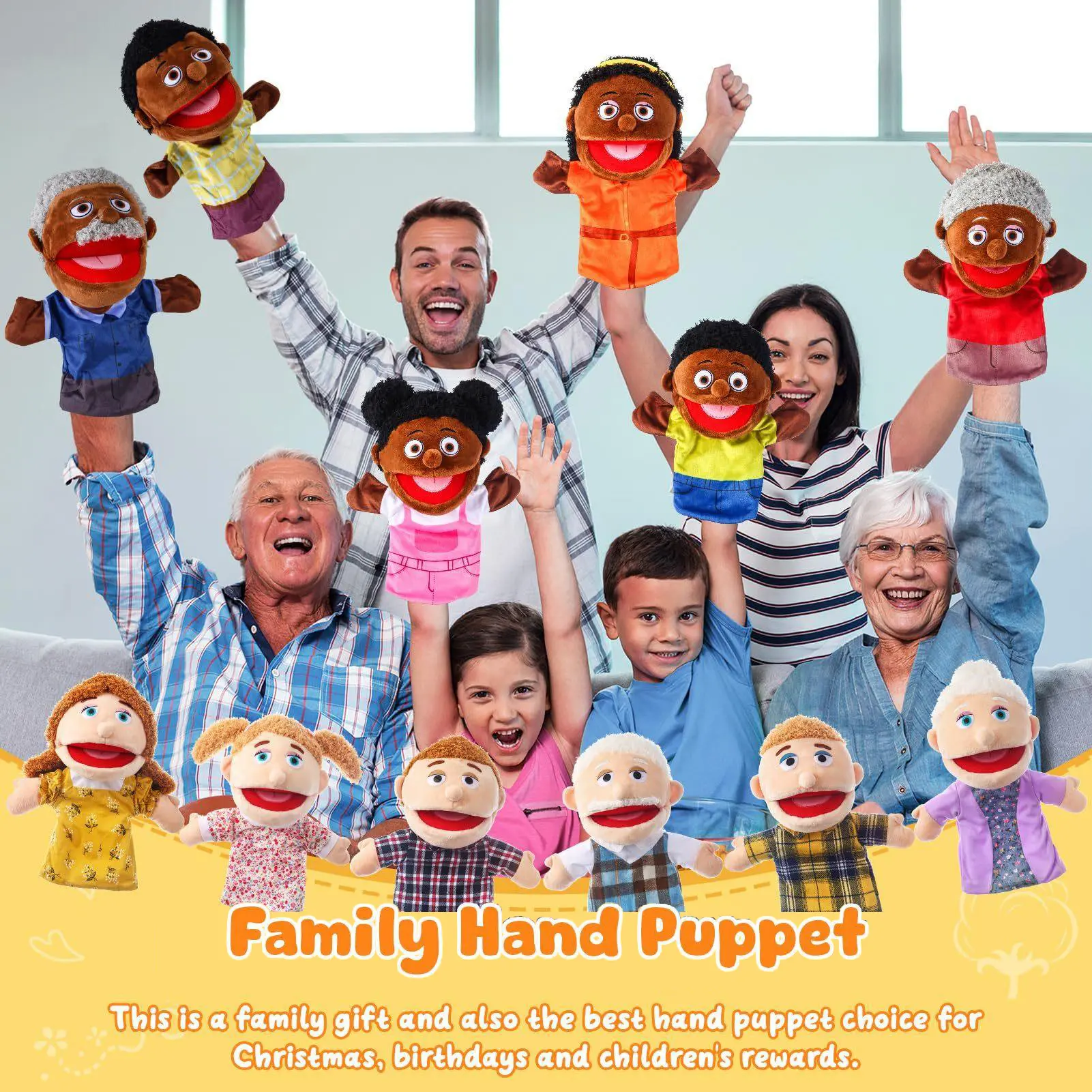 Family Hand Puppets 12 Inch Grandparents, Mom & Dad, Brother & Sister Plush Hand Puppet Toys Role-Play Toy Puppets for Kids Storytelling Imaginative Pretend Play Teaching Preschool