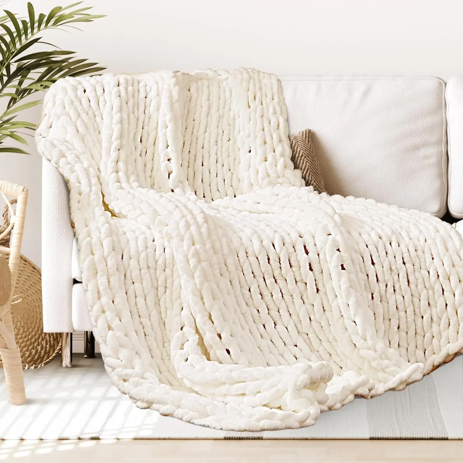 【Deals For You!】1 count,Touchat Chunky Knit Blanket Throw, White Crochet Chenille Throw Blanket, Handmade Cozy Cream Cable Knit Throw Blanket Boho Bed